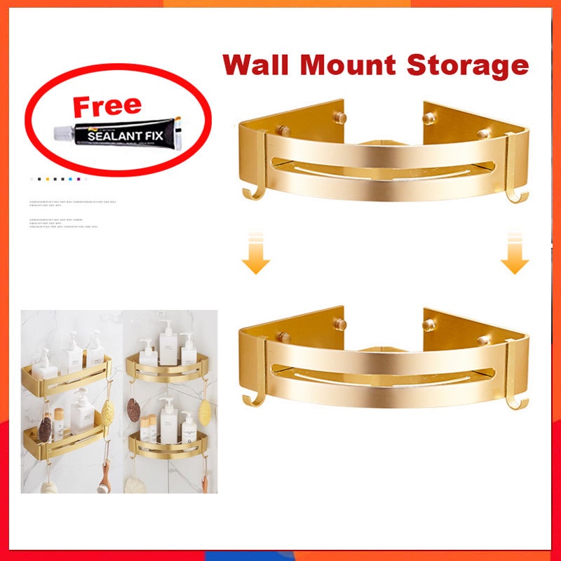 Wall Mounted Gold Bathroom Corner Shelf Shower holder Caddy with Two Hooks Self Adhesive Wall