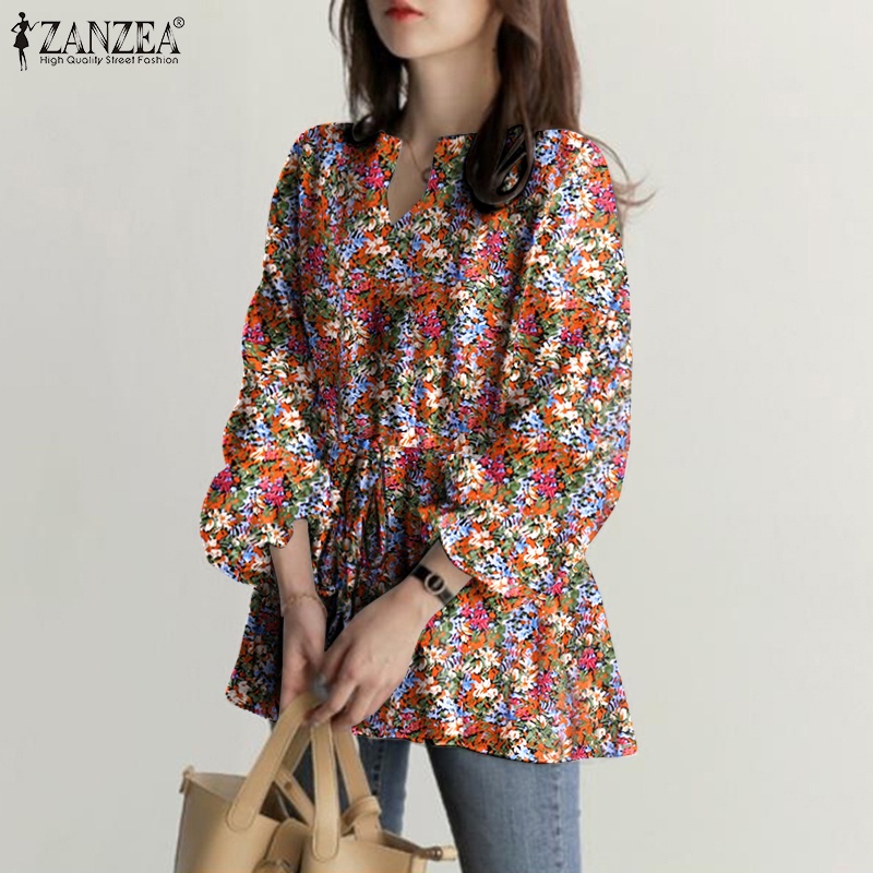 ZANZEA Women Drawstring Waist Long Sleeve Elastic Cuff Printed Casual Blouse