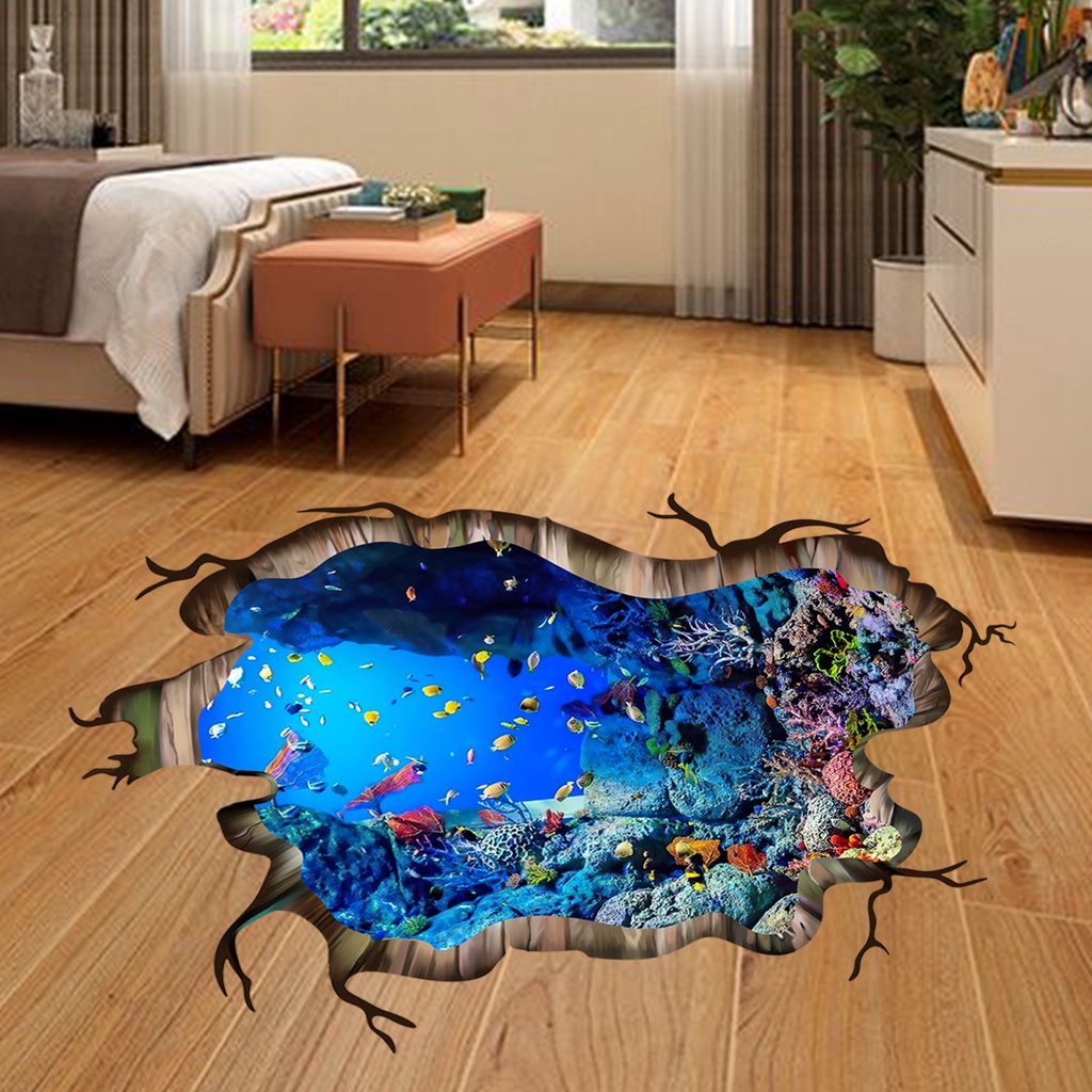 3D Underwater World Wall Decal Home Floor Stickers Decor Vivid Fish Sea
