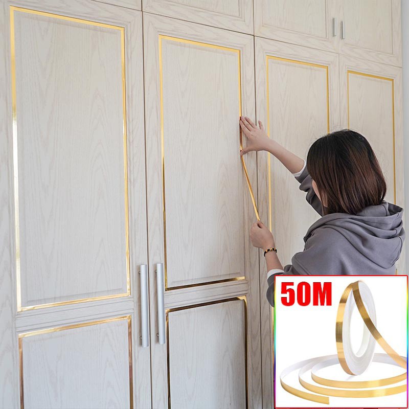 50M Long DIY Wardrobe Decoration Strip Sticker Gold/silver Framework Decoration Seam Stickers Waterproof Wall Stickers