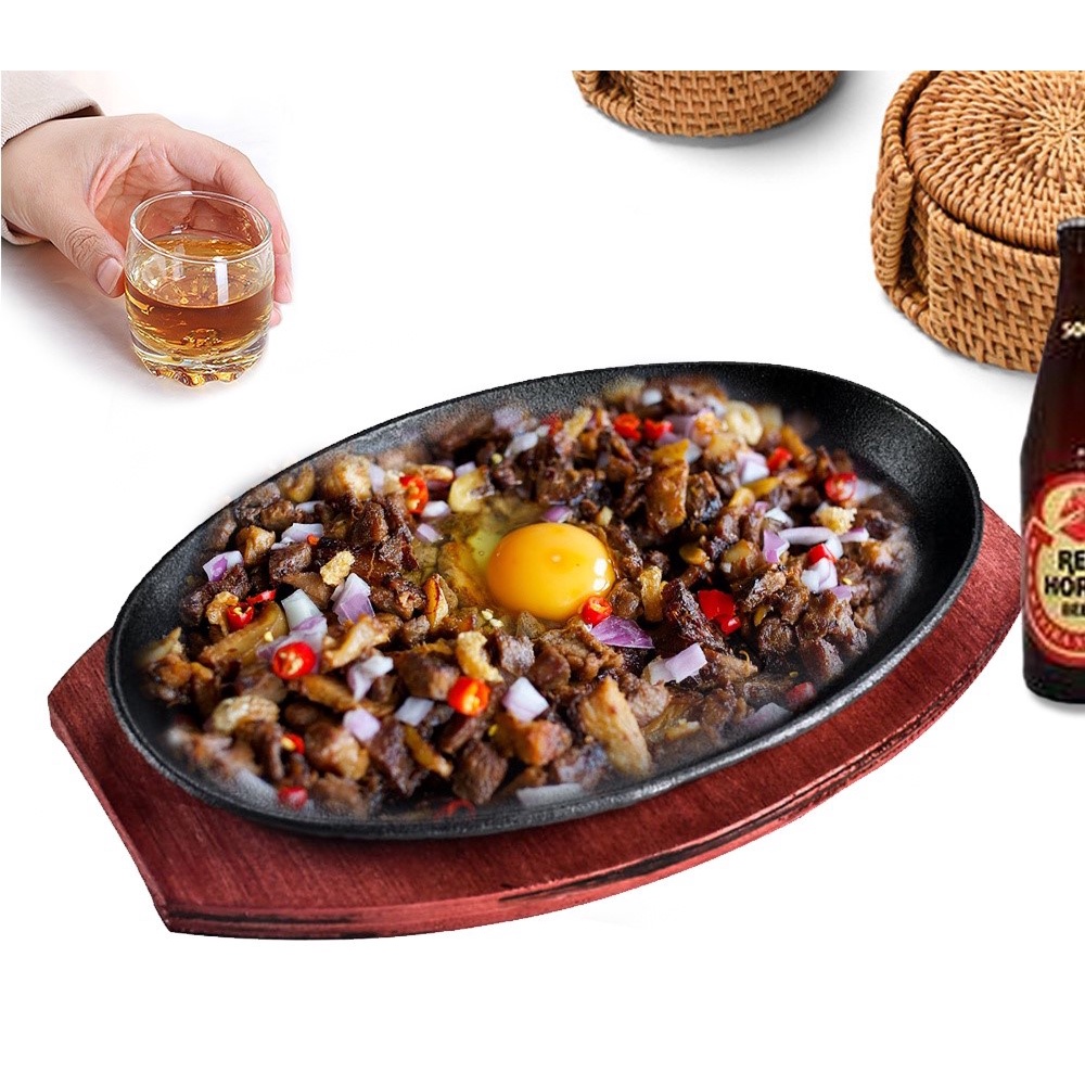 Sizzling plate with wood base Heat Retaining Round Sizzling Plate for ...