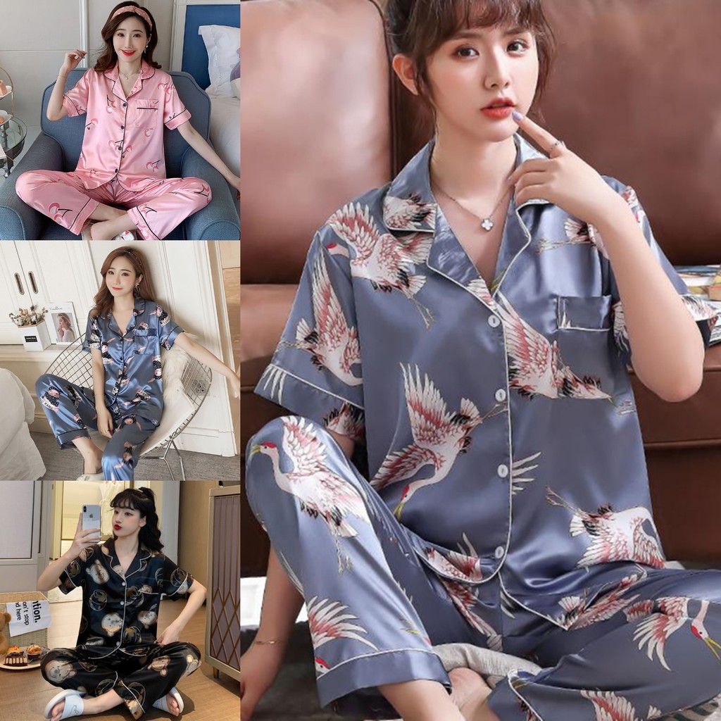 Women Silk Pajamas Set 2Pcs Top Bottom Sleepwear Nightwear Lace Short  Sleeve