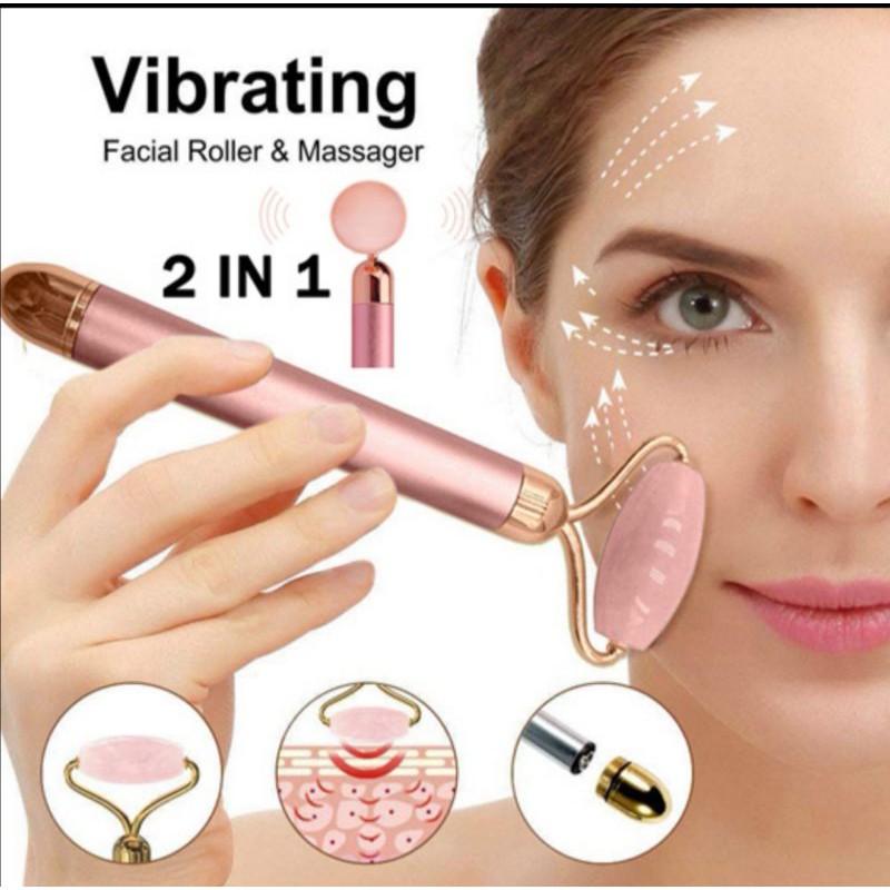 INSTOCK 2in1 vibrating Rose quartz jade face roller / face lifting