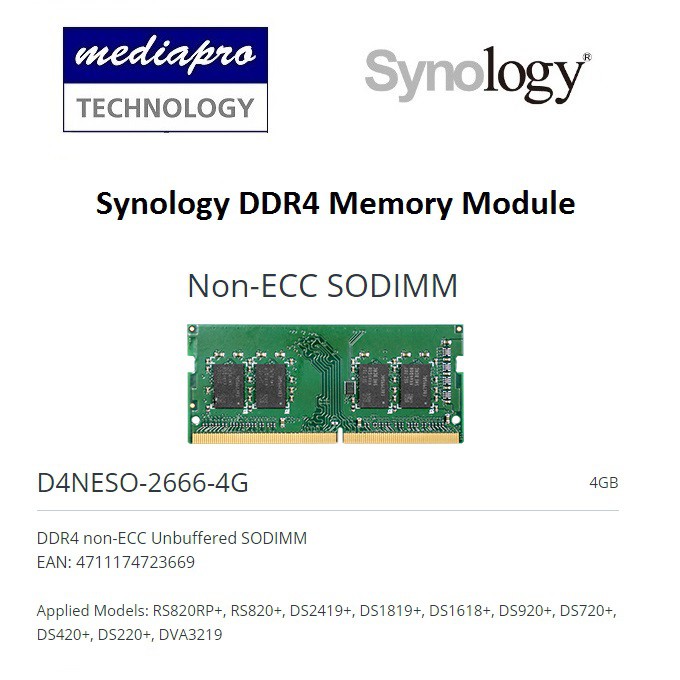 Synology D4NESO-2666-4G 4GB RAM Compatible Synology DS224+, DS423 ...