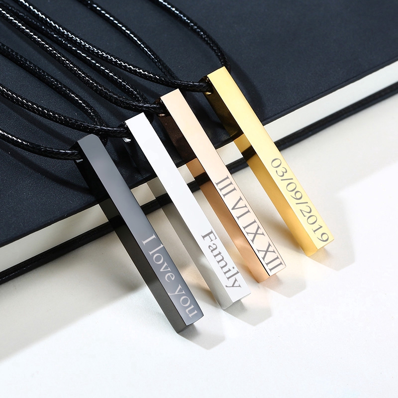 Personalized Vertical Bar Necklace, 4 Sides Dainty Custom Engraved Name