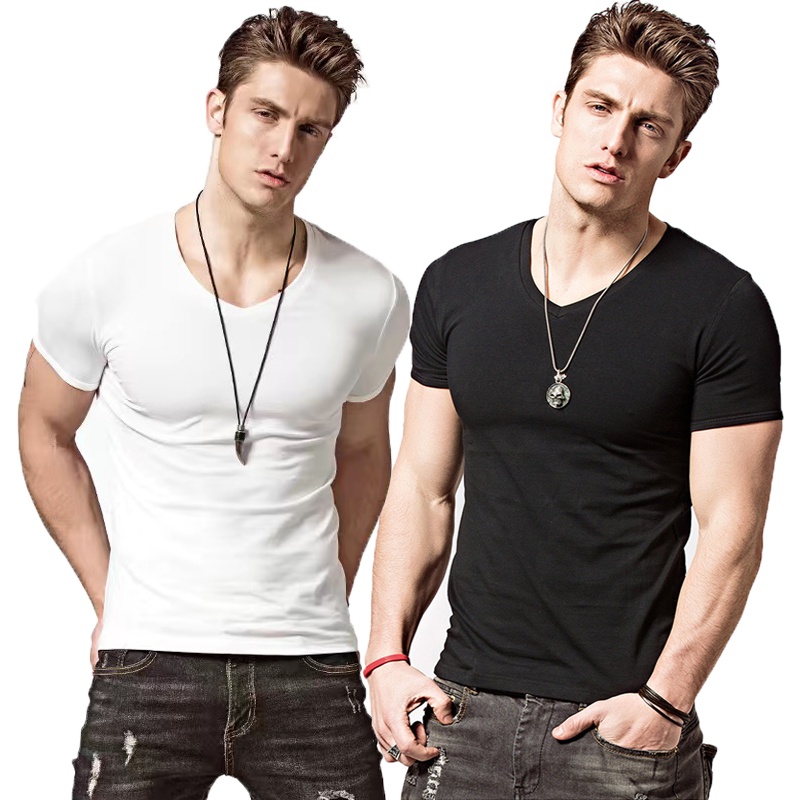 Plain V Neck Sport T Shirt Men Elastic Breathable Short Sleeve Casual