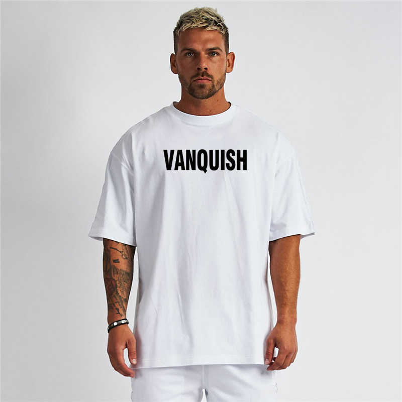 Oversize T-shirt Men Cotton Dropped Shoulder Short Sleeve Fitness T Shirt Summer Loose Gym Clothing Bodybuilding Tee Tops
