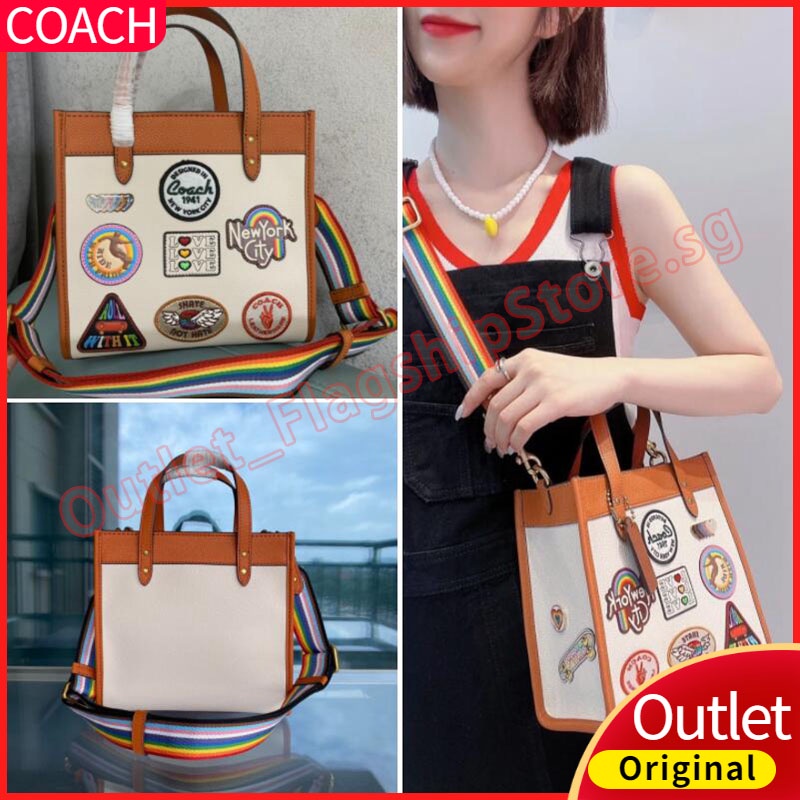 New Women's Badge Leather Tote Bag Rainbow Strap Crossbody Bag CA138