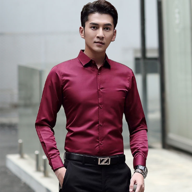 White Shirt Men Korean Button Smart Long Sleeve Shirts Plain Casual ...