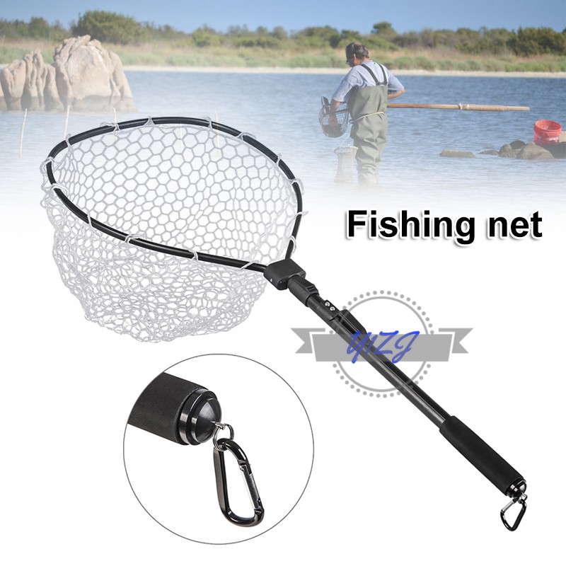 Fishing Net Fish Landing Net Foldable Collapsible Pole Handle Durable Rubber  Material Mesh Fish Net