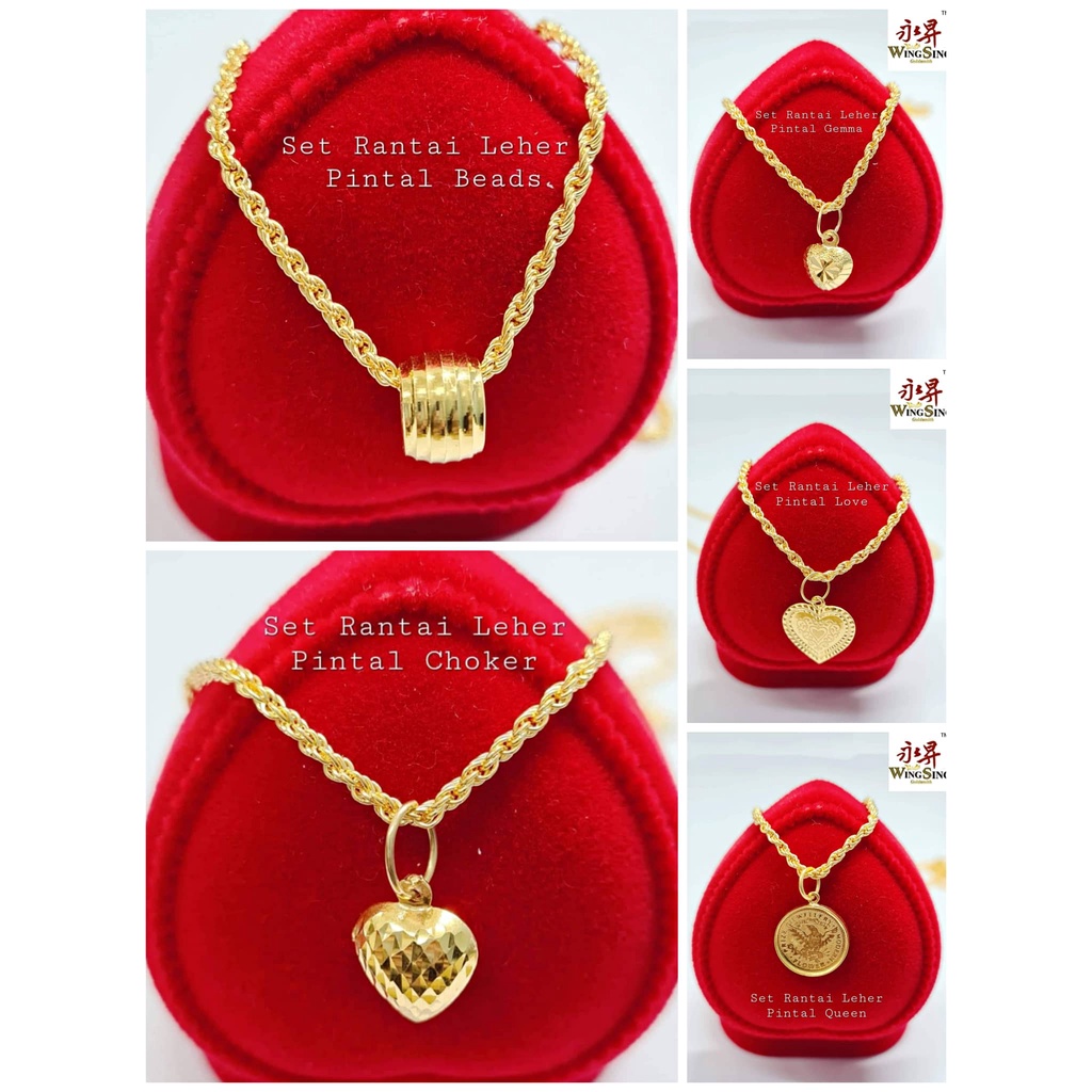 Wing Sing 916 Gold Pendant Rope Chain Value Jewellery Set / Set Rantai Leher Pintal Loket Love Emas 916