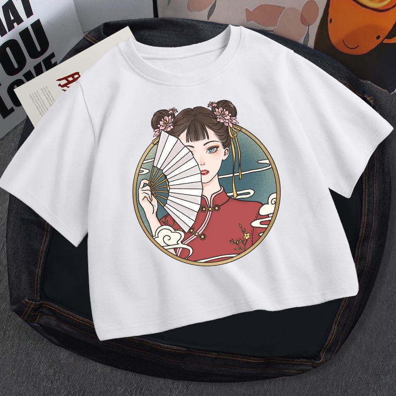 Spot Chinese-Style Printed Short TT-shirt Women's High-Waist Short-Sleeve Summer New Fashion Little Man Top Women's Clothing igExplosion Models