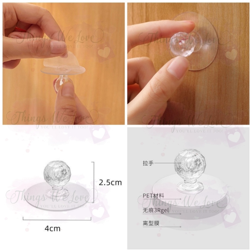 [SG] [FREE SHIP] Round Knob Hook (KNB) Stick On Clear Handle Easy Grip ...