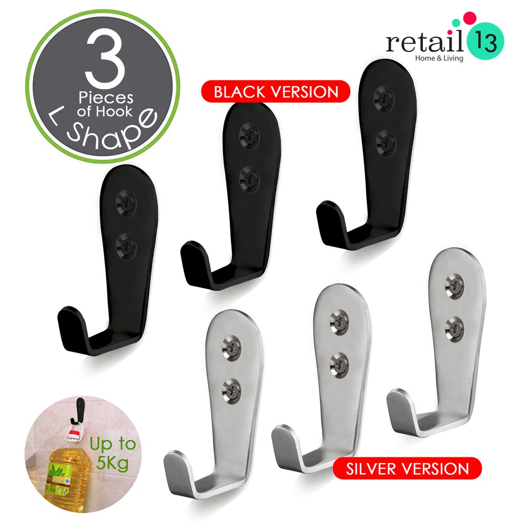 3 Pieces SET L Shape Stainless Steel Heavy Duty Wall Mount Hook Silver Black RETAIL13