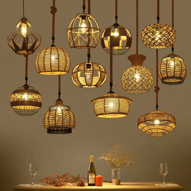 AIMI Retro Craft Rattan Chandelier Japanese Style Bamboo Light Teahouse