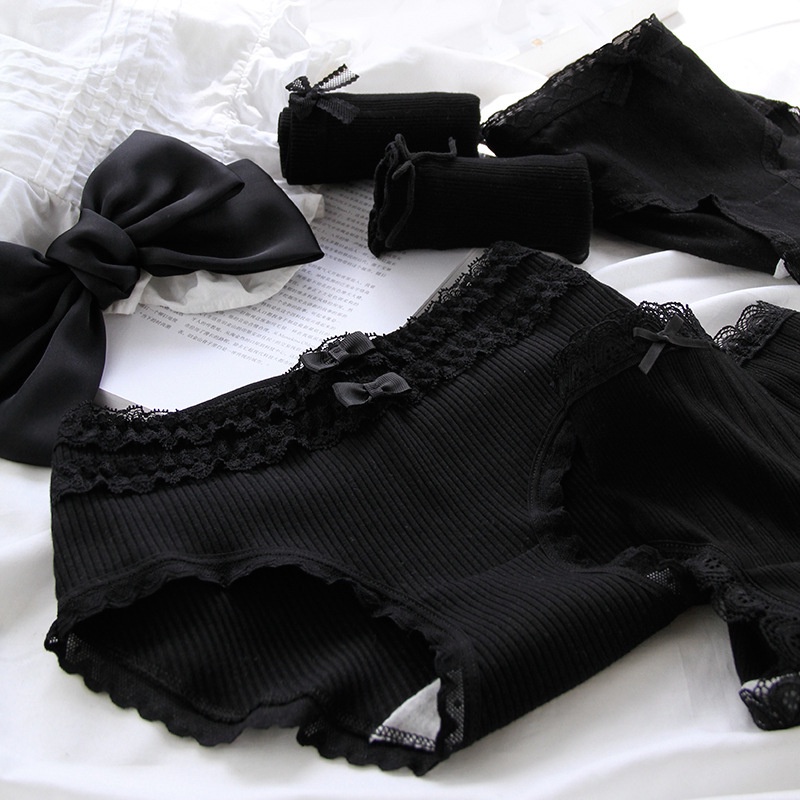Ready Stock Lace Underwear Women Pure Cotton Crotch Briefs Lolita Black And White Panties Women
