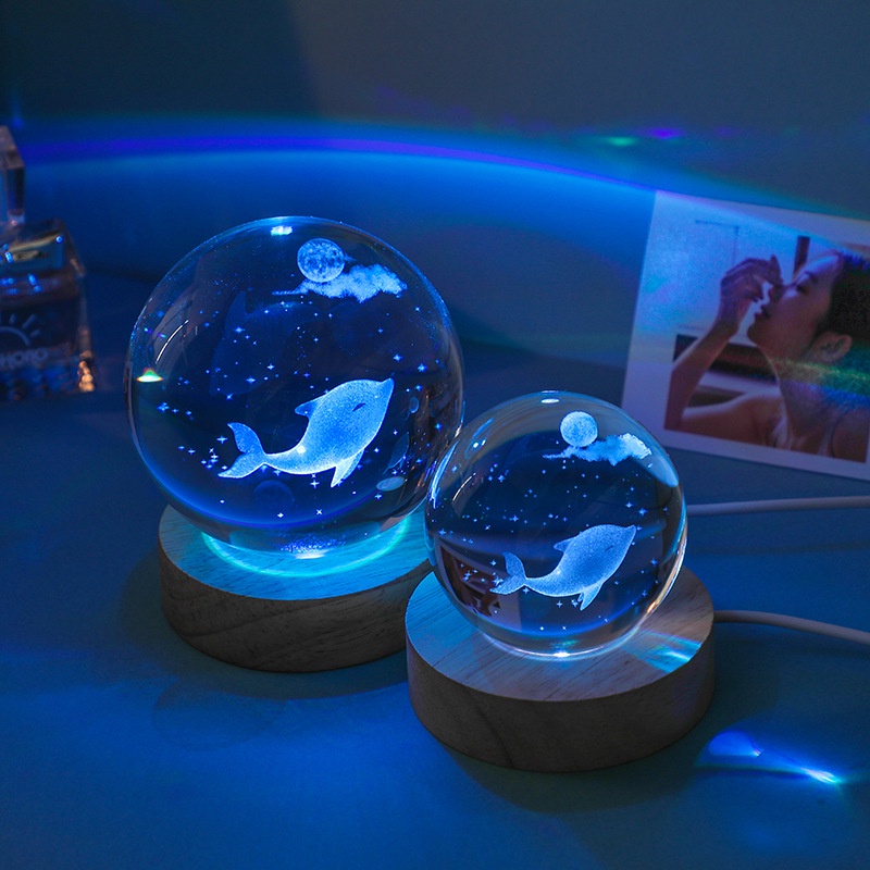 Cross-Border Crystal Ball Colorful Luminous Wooden Base 3D Internal Carving Glass Home Decoration Ornaments Night Light Graduation Gift