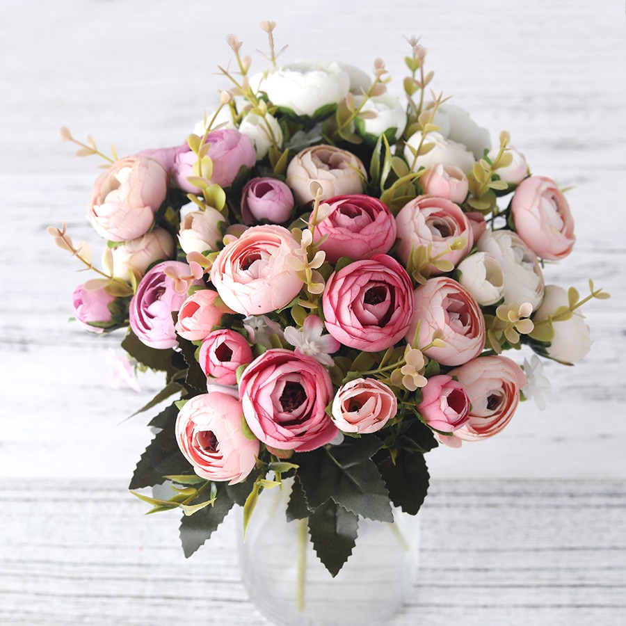 European Vintage Artificial Silk Rose Flowers 6 head 4 Small bud Bouquet Wedding Home Retro Fake Flower Party DIY Decoration