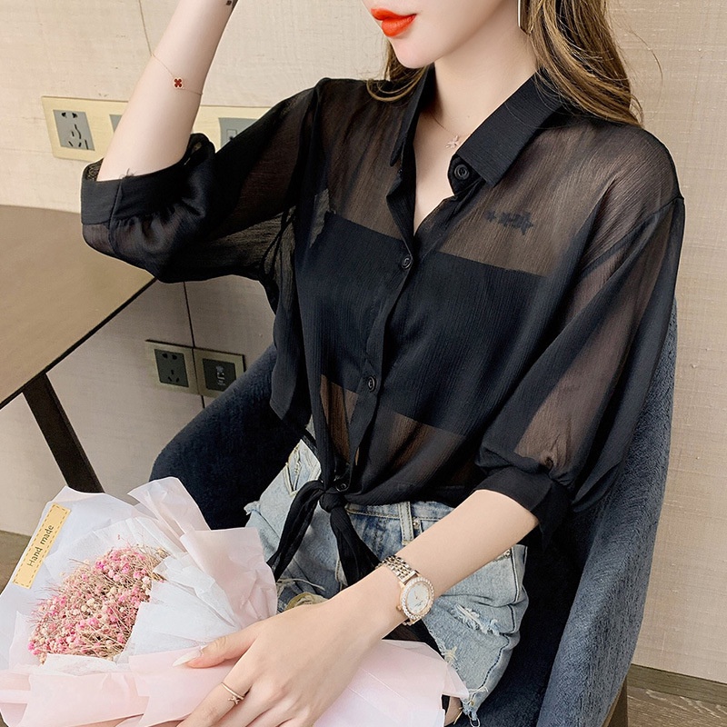 ((Multicolor) Sunscreen Clothing Blouse Jacket Chiffon Translucent Shirt 2022 Summer Must-Have Casual Versatile Cardigan Short Small Shawl Mid-Sleeve Thin Laced Sweet