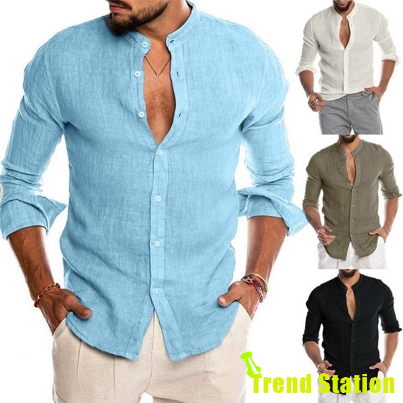 [Trend Station]Men's Cotton Linen Shirt Loose Tops Long Sleeve Tee Casual Shirt Men Shirt Blouse Social Slim Men's Clothing
