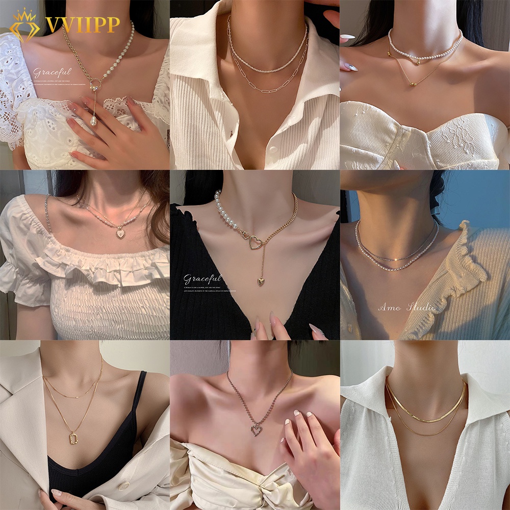 Creative Half Pearl Half Chain Pendant Necklace Alloy Multi-layer Choker Butterfly Jewelry Women's Love Lock Accessories