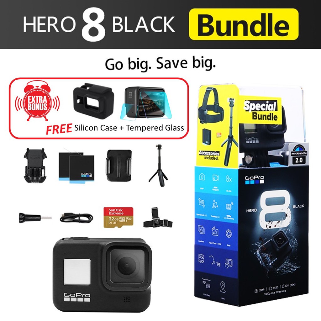 GoPro HERO8 Black Special Holiday Bundle *International Warranty *Extra  Freebies Silicon Case + Tempered Glass