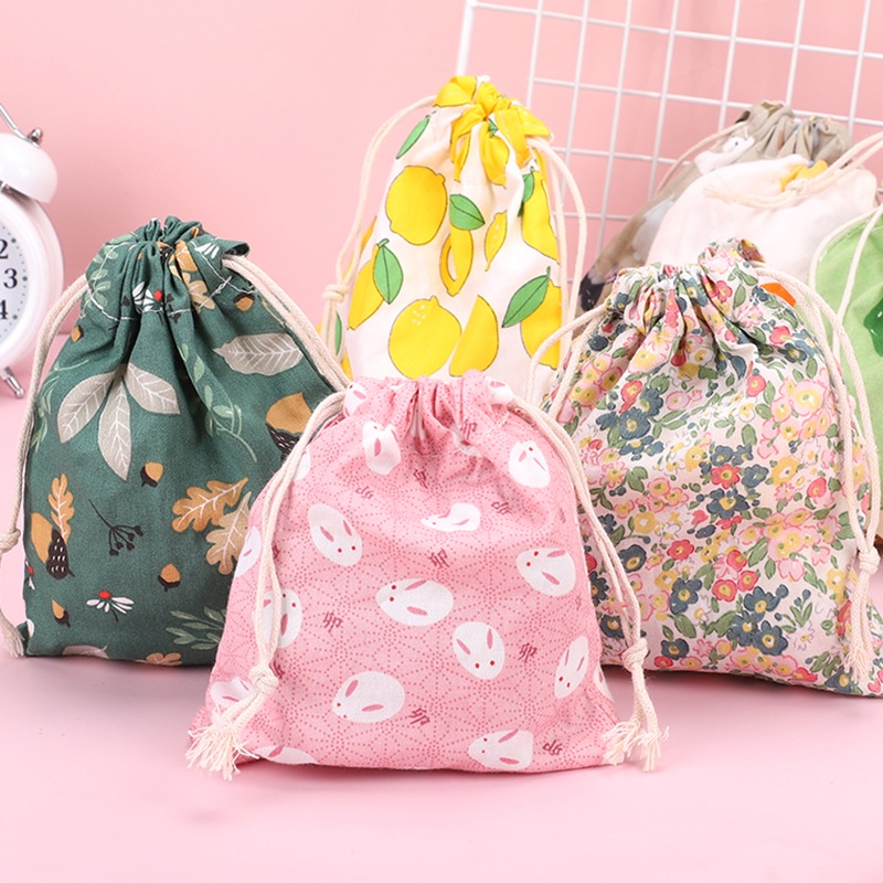 Drawstring Fabric Storage Bag Korean Bag Mini Cute Printed Bouquet Pocket Cotton Hand carrying Small Bag Pouch Cute Bag