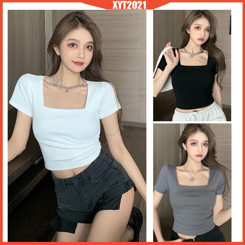 New Slim Fit Square Collar Short Sleeve T-shirt Women's High Waist Short Navel Bottoming Shirt Top Women's Clothing