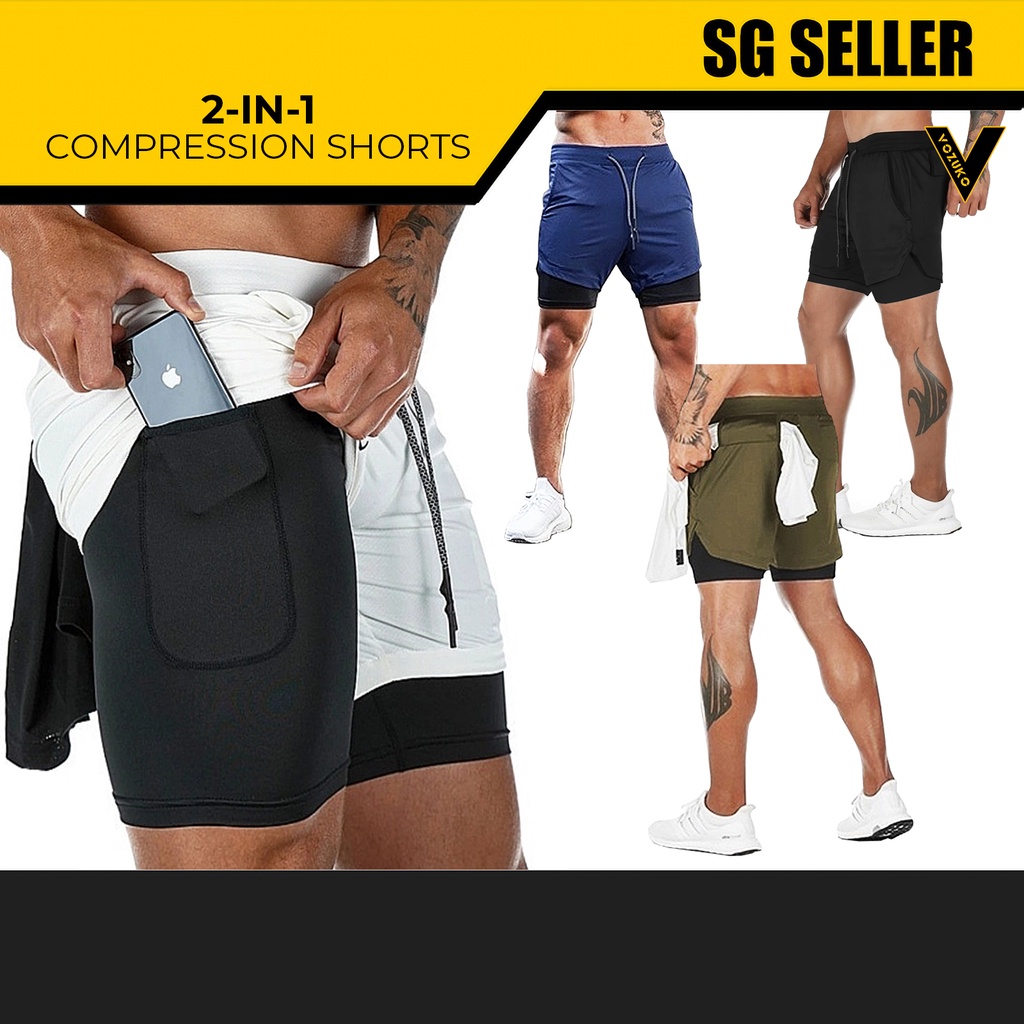 [SG SELLER] Double Layer Running Sport Shorts Men Gym Fitness Quick Dry Built-in pocket