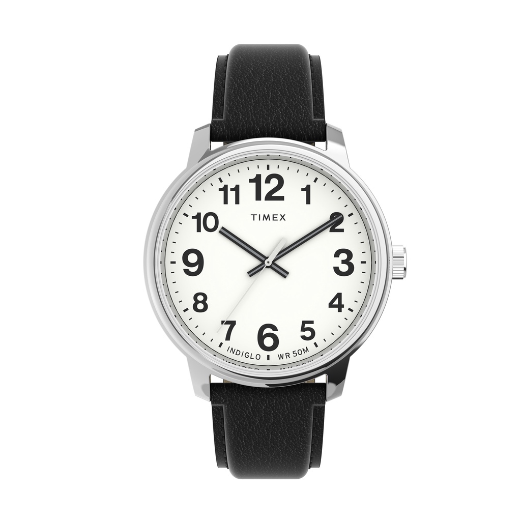 Timex Easy Reader® Bold 43mm Leather Strap Watch - Silver-Tone, Black ...