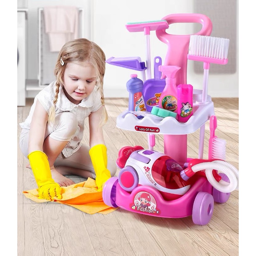 Pretend Play Cleaning Trolley Set with Broom Mop Duster Vacuum Cleaner Toy