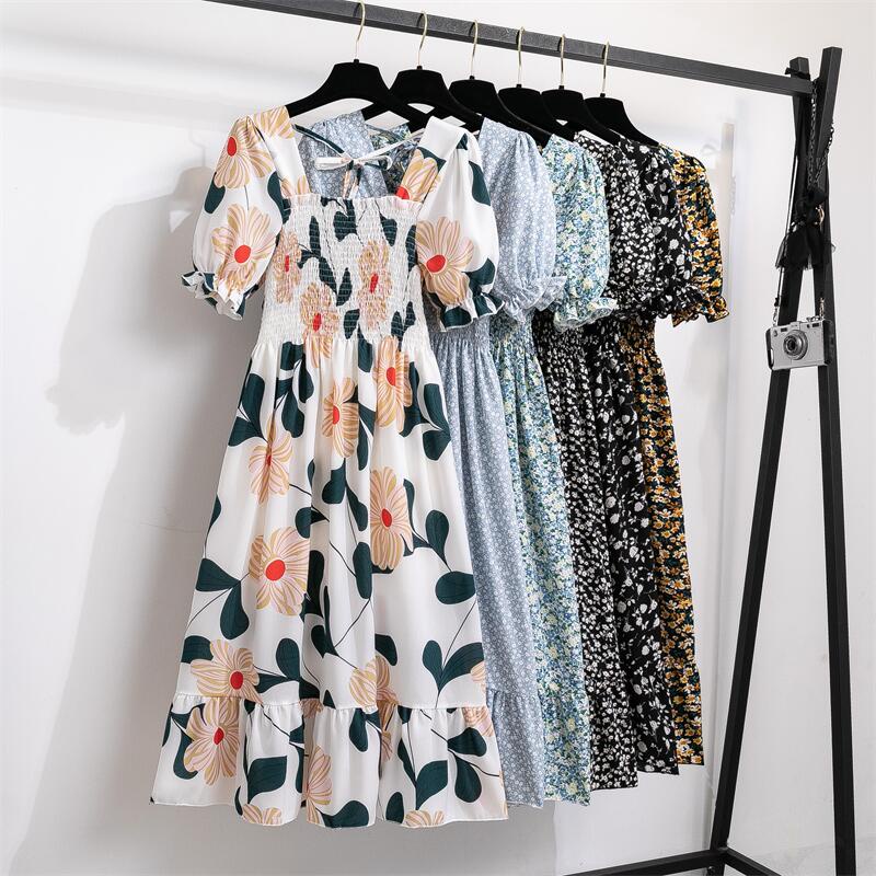 New summer Aline dress Short sleeve floral pleated boho chiffon dress