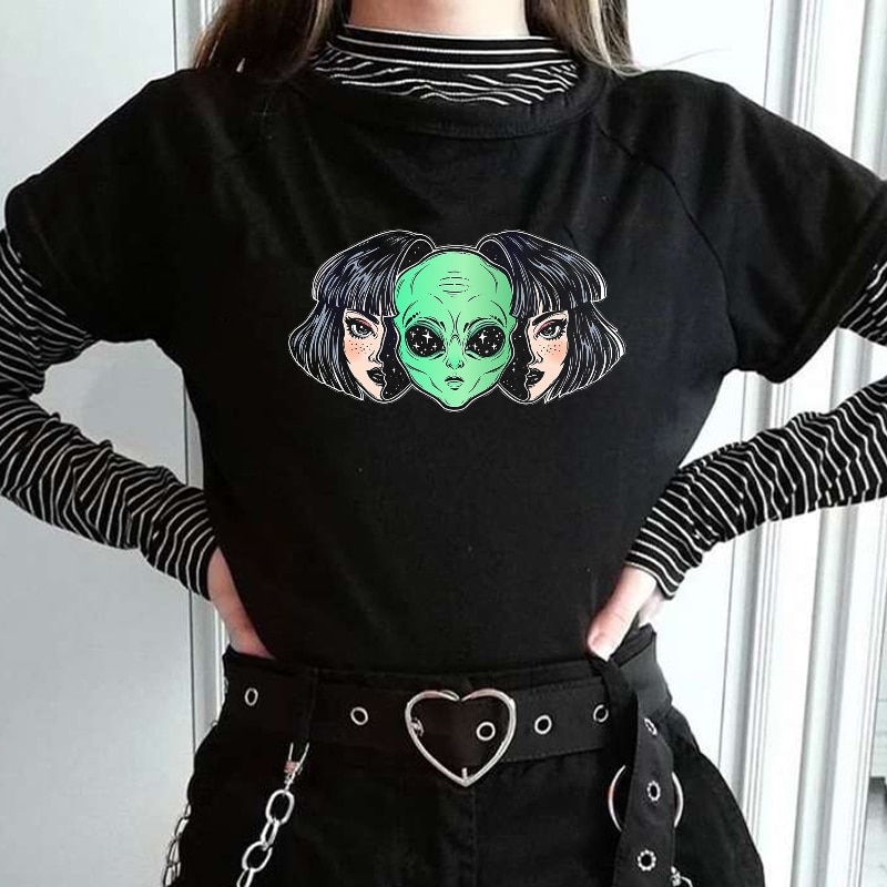 New Harajuku Gothic Female Tshirt Alien Print Short Sleeve Tops & Tees Summer Fashion Casual T Shirt Women Clothing T-shirts