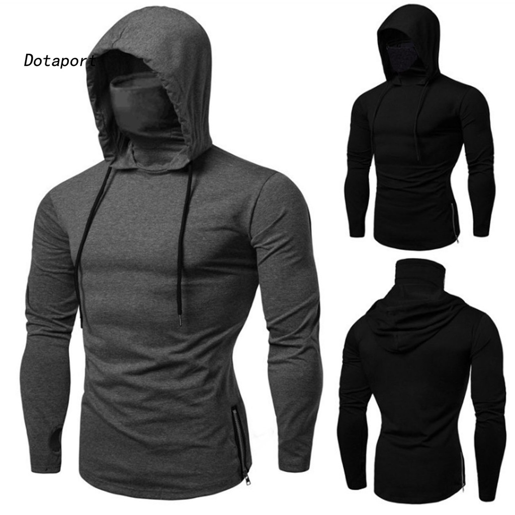 DTAMen Autumn Casual Gym Thin Long Sleeve Hoodie Face Cover Solid Color Sweatshirt Shopee Singapore