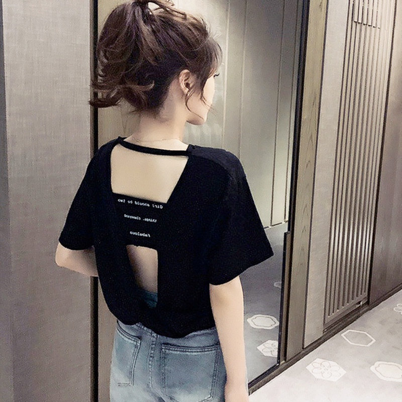 【现货火爆 露背圆领打底衫短袖】Ready stock Hot new halter fashion round neck short-sleeved T-shirt bottoming shirt women summer casual women's loose slimming top women's clothing