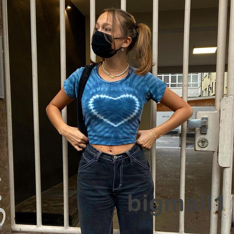 BIGMALL-Women´s Heart Graphic Crop Tops, Short Sleeve Round Neck Tie Dye Print Slim Fit Clothing