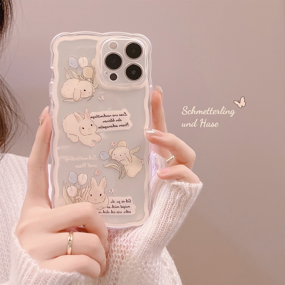 Cute Rabbits with Tag iPhone Case Wavy Design for iPhone 16 15 14 13 12 ...