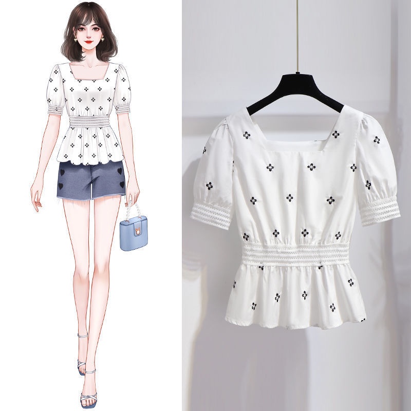 【现货新款 胖MM修身显瘦短袖上衣】Ready stock New style plus size women's clothing 100kg fat sister summer new style French square neck waist blouse women's design sense shirt short-sleeved women's clothing