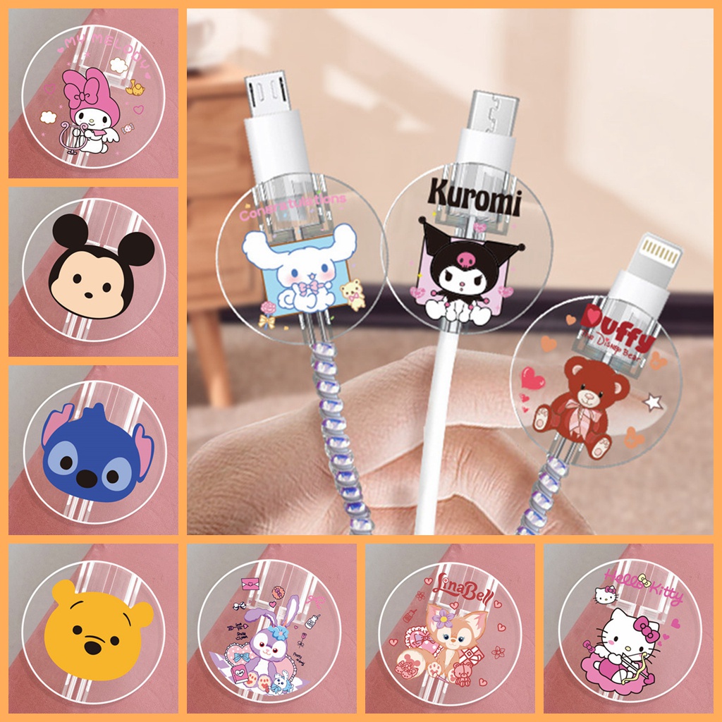 USB cable protection case round shape Hello Kitty Stitch Mickey Mouse Kuromi transparent soft TPU for Phone Android charging