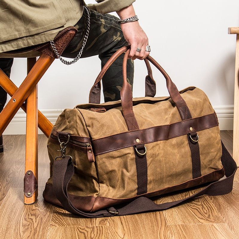 Vintage Waxed Canvas Leather Men Travel Luggage Bag Large Duffle