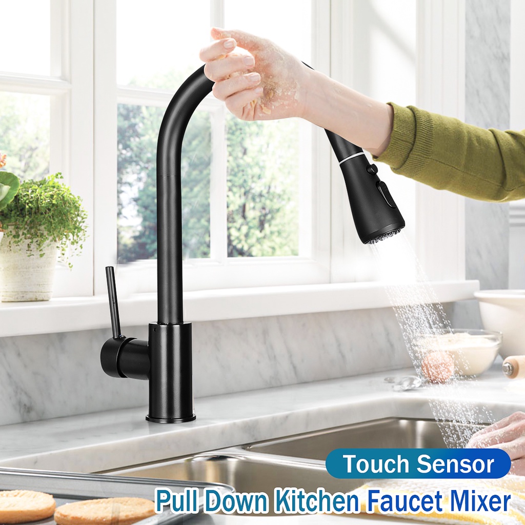 23.6inch IPX5 Copper Pull Out Sensor Kitchen Faucet Black Sensitive