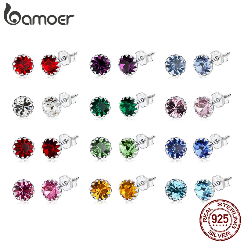 bamoer 925 Sterling Silver Birth Stone AAA Cubic Zircon Stud Earring Jewelry SCE862