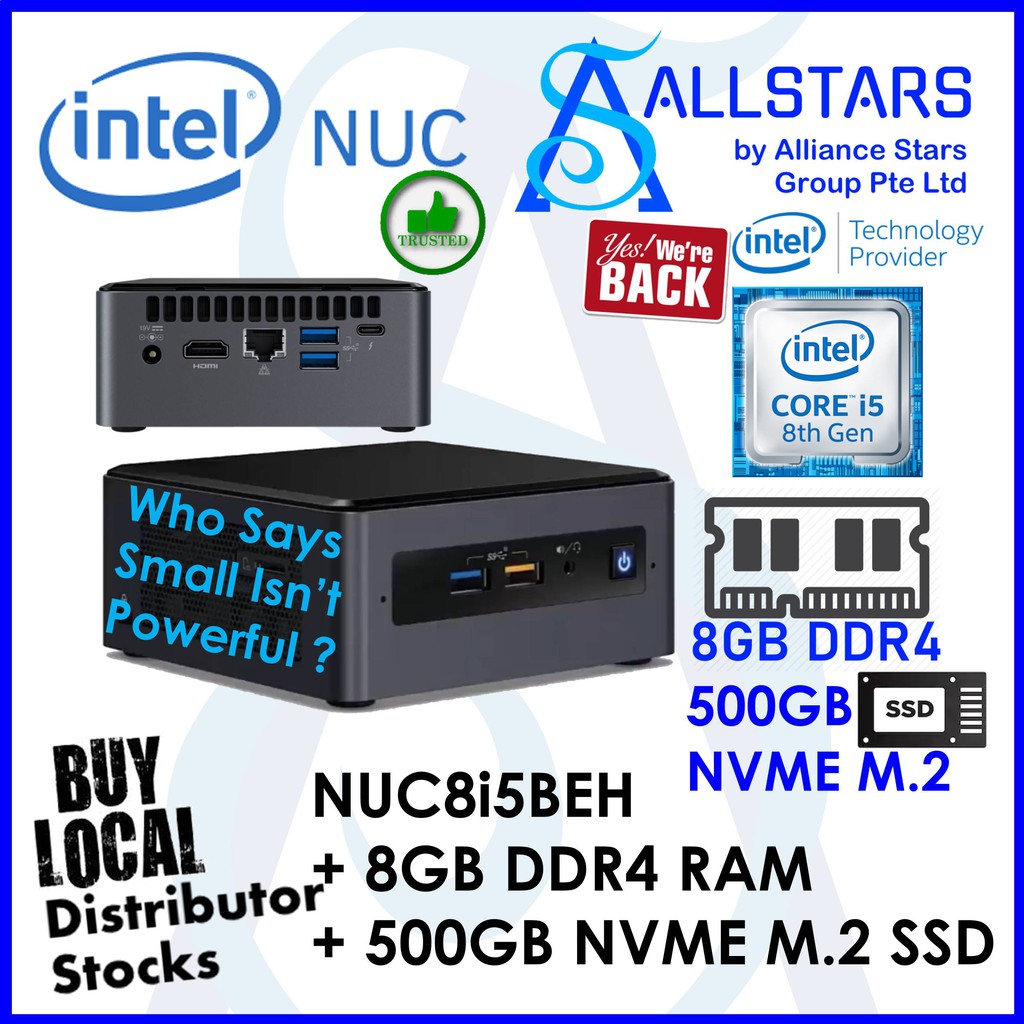 Intel NUC8i5BEH Core i5 8259U+ 8GB DDR4 RAM + 500GB NVME M.2 SSD ...