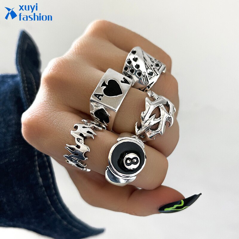 5pcs/set Punk Poker Billiards Ring Set for Women Funny Goth Kpop Flame Rings Hip Hop Korean Fashion Male Couple Gift Jewelry