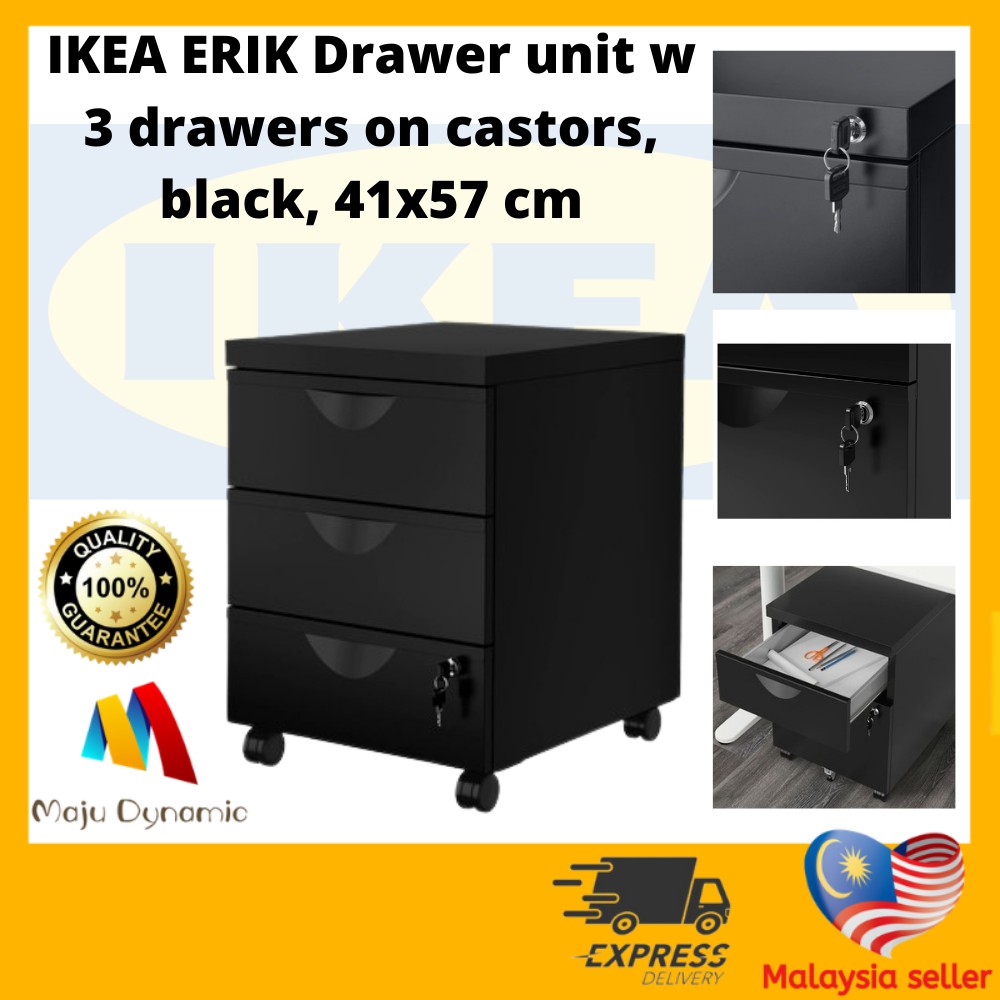 IKEA ERIK Drawer unit w 3 drawers on castors, black, 41x57 cm Shopee