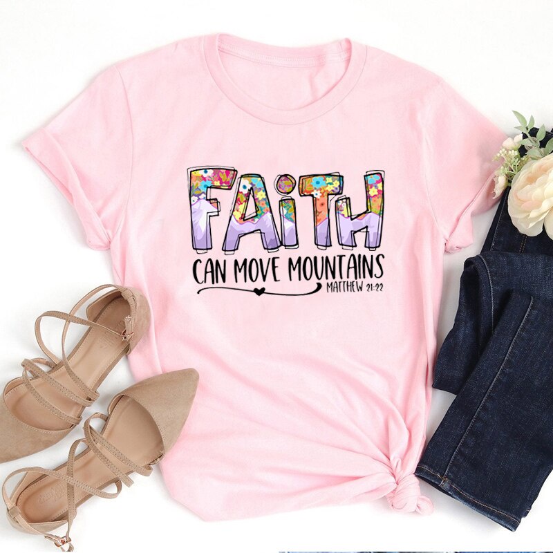 Faith Can Move Mountains Maithew 21:22 Christian Clothing for Women Crewneck Tshirt Short Sleeve Summer Fashion Top