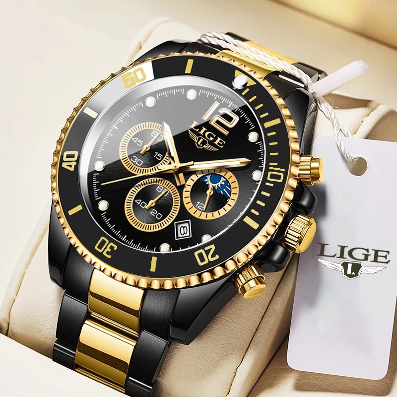 LIGE Watches Men Top Brand Luxury Stainless Steel 24Hour Moon Phase Men