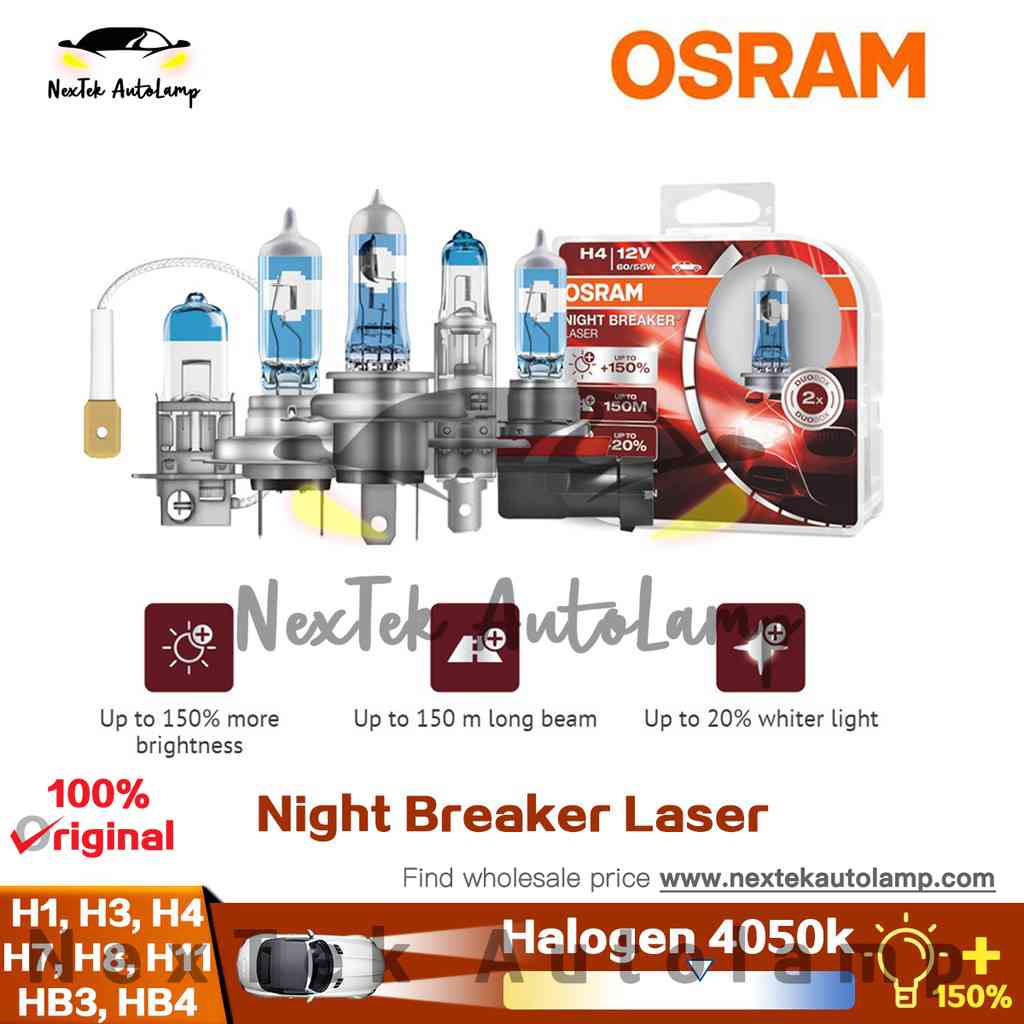 OSRAM Night Breaker Laser Next Generation H1 H3 H4 H7 H8 H11 HB3 9005 HB4  9006 12V +150% Car Halogen Headlight Bulb