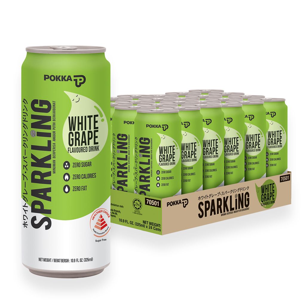 Pokka Sparkling Water White Grape Zero Sugar Can 325ml x 24 Case
