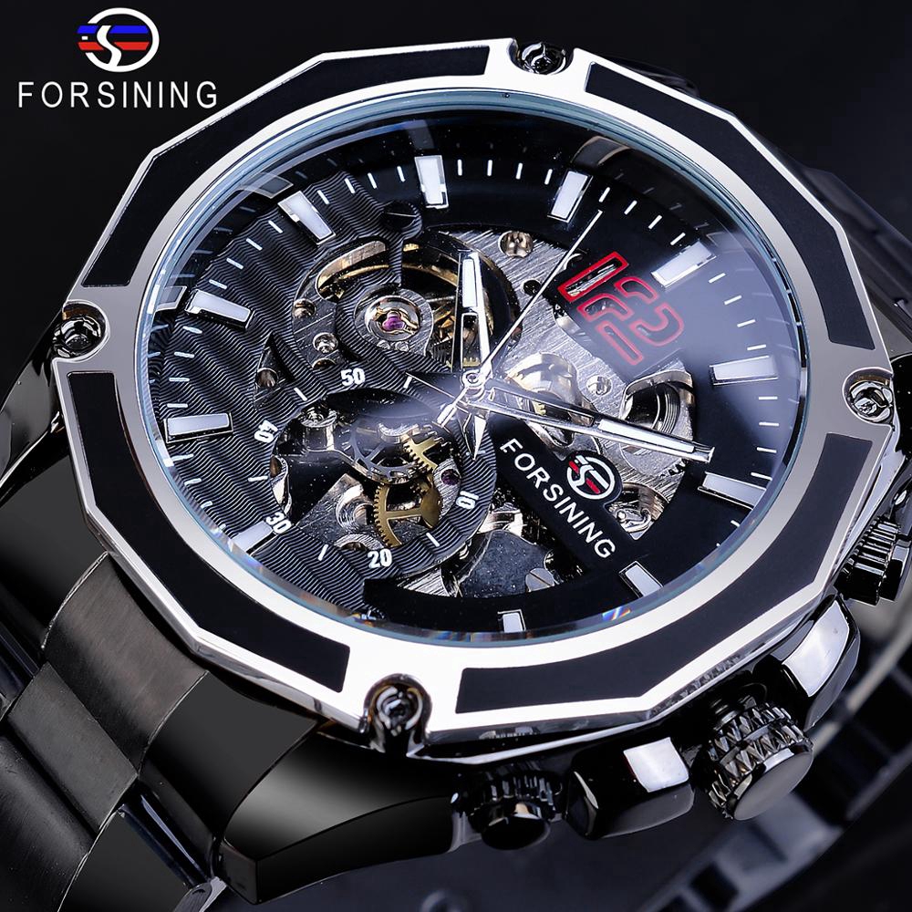 Forsining Black Steel Luminous Hands Transparent Skeleton Men